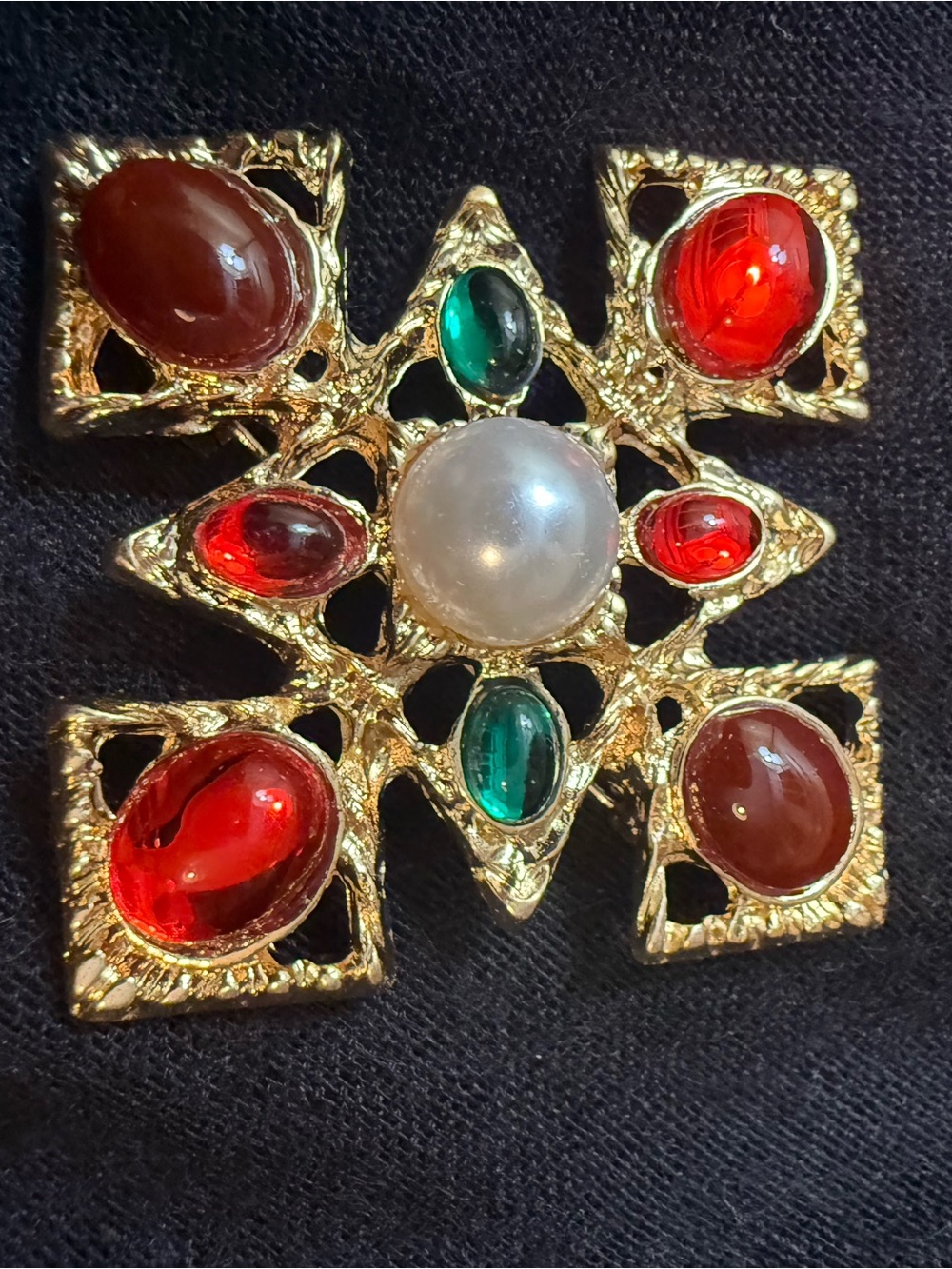 Gold-Tone Multi-Stone Star Brooch with Red, Green and Pearl Accents